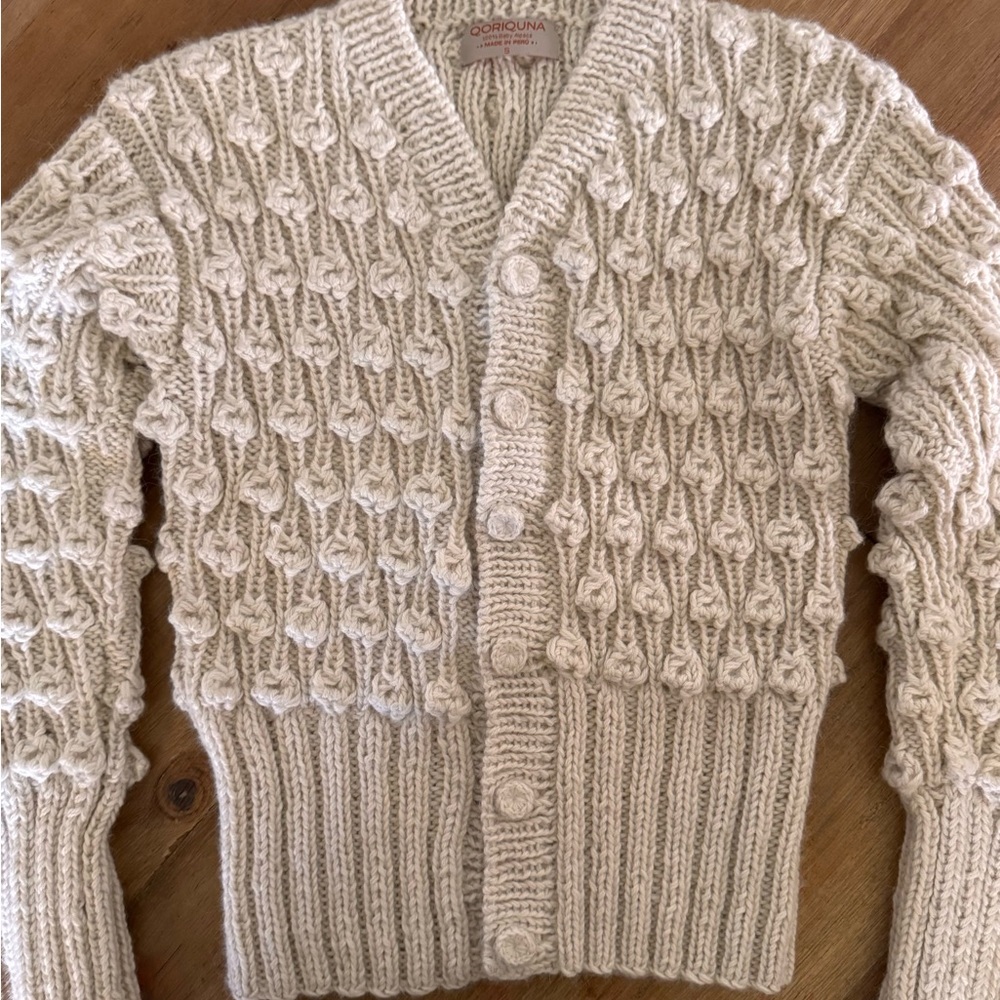 Handmade Baby Alpaca Knit Cardigan: Bobble Design, XS/S, Natural Ivory